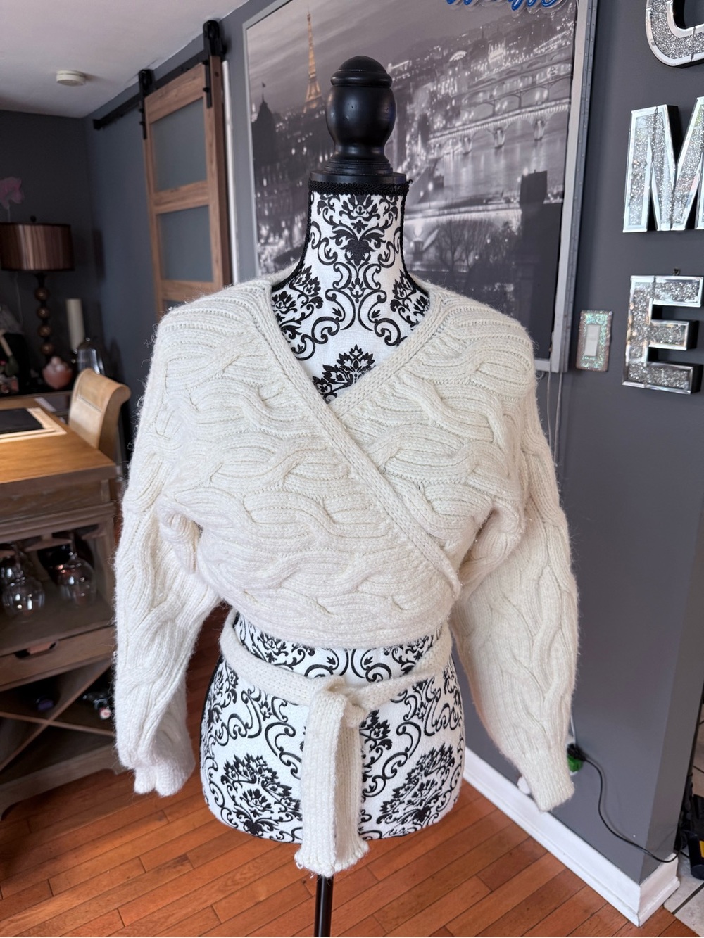Zara Cream Cable-Knit V-Neck Wrap Sweater